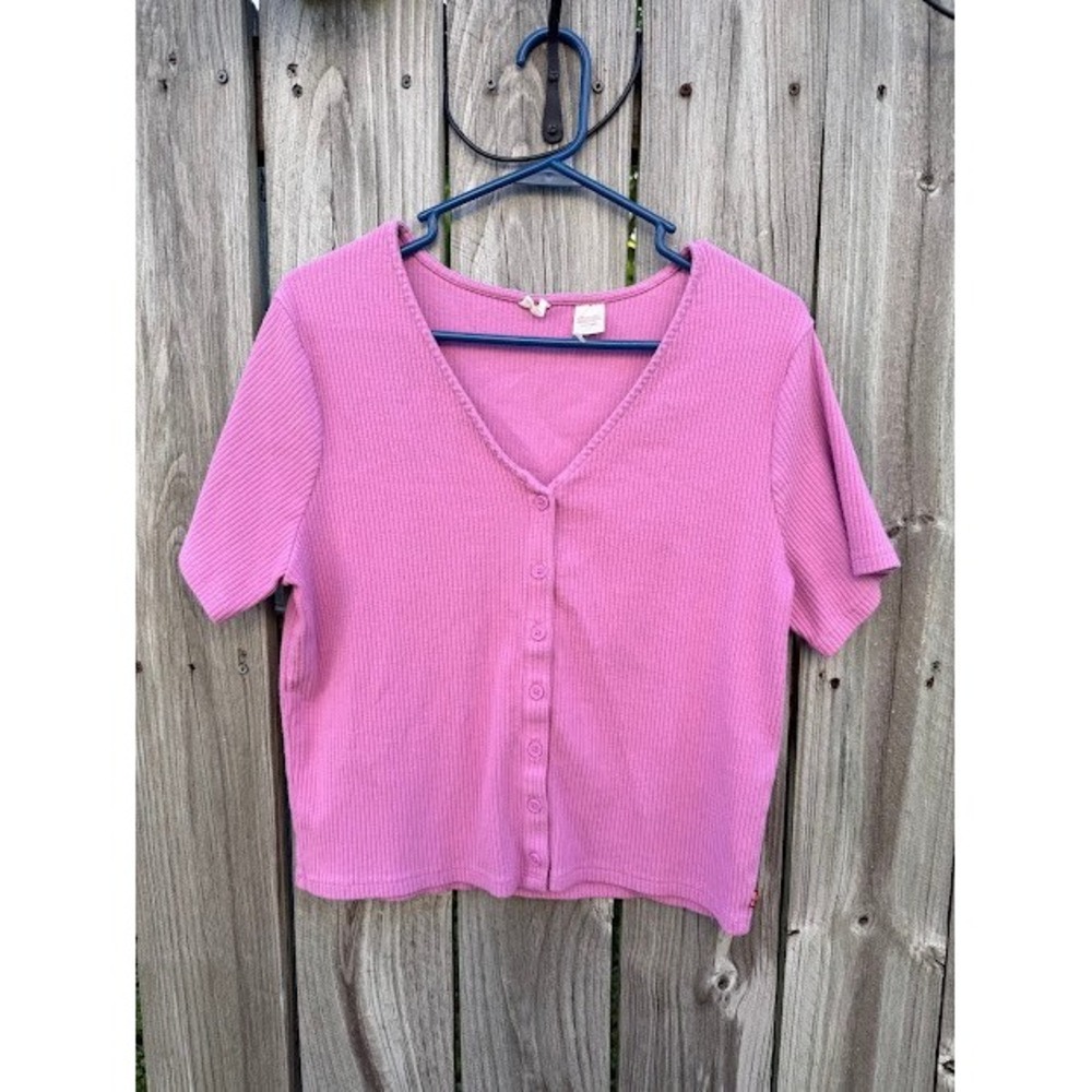 Y2K Levis Cardigan Top Womens XXL Pink Short Sleeve Ribbed V-Neck Button Front